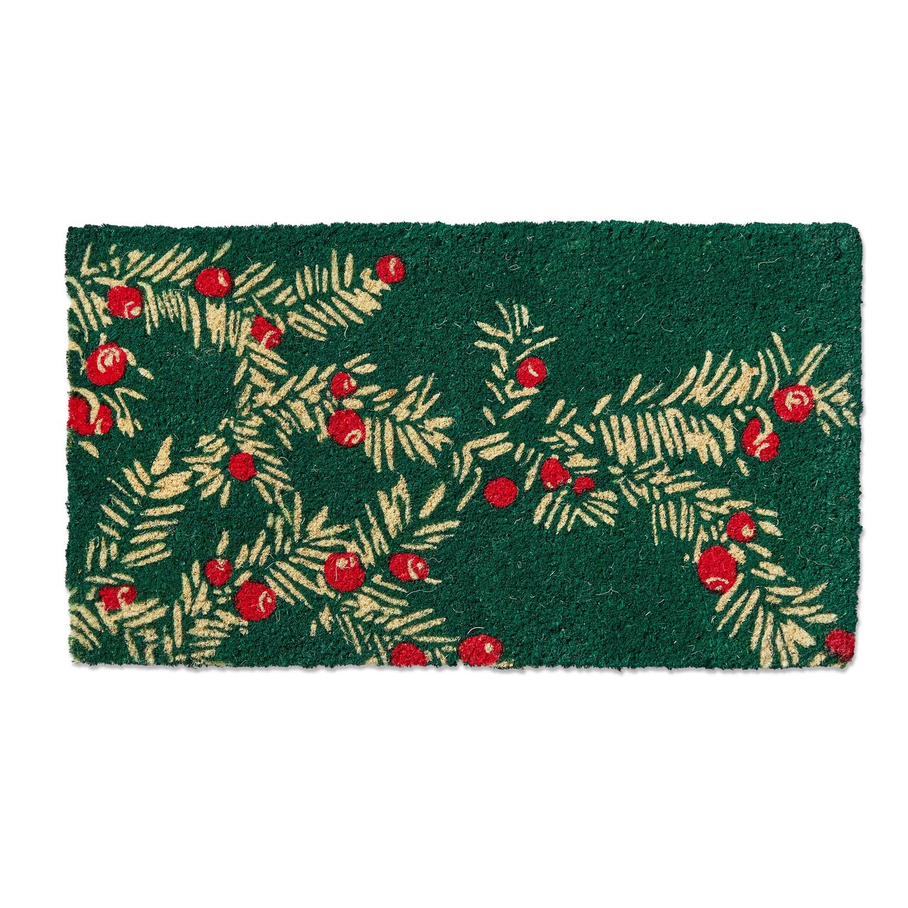 Winter Sprig Coir Door Mat - Natural Christmas Doormat, Green Multi, 30" x 17" x 1", Easy to Clean
